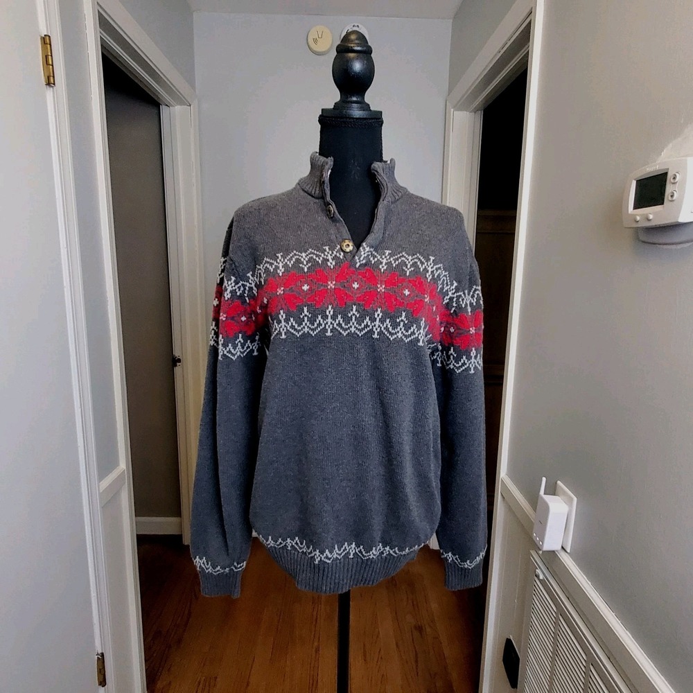 82Zero Gray Red White Nordic Print 100% Cotton Pullover 1/4 Snap Sweater Size L